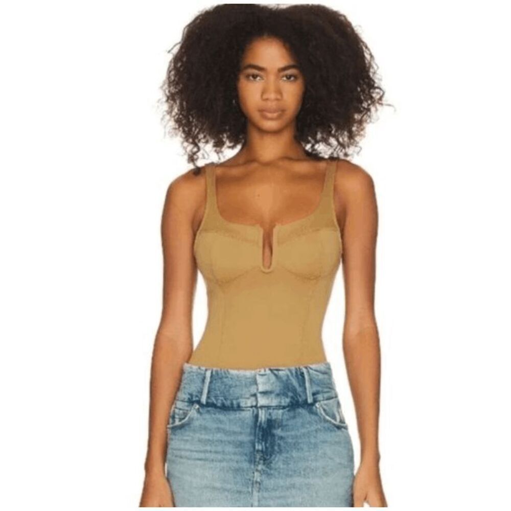 Good American Scuba U Corset Bodysuit Pecan Tan Gusset Snap Closure Size Small